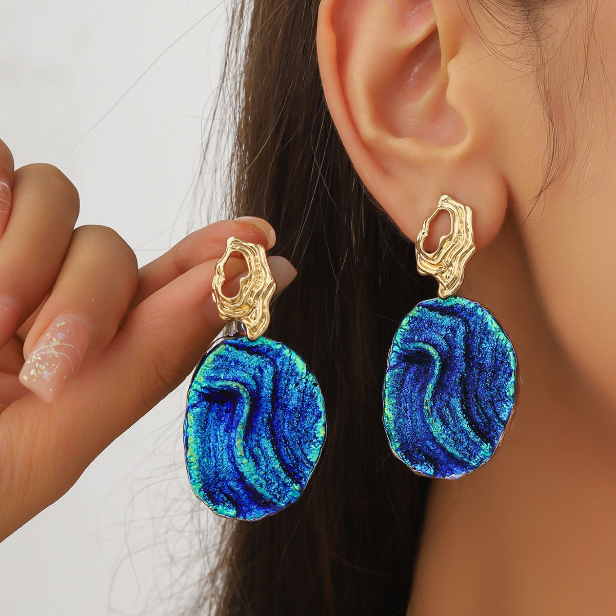 Silver needle blue fan-shaped medieval earrings design retro stud earrings personalized niche high-end earrings women