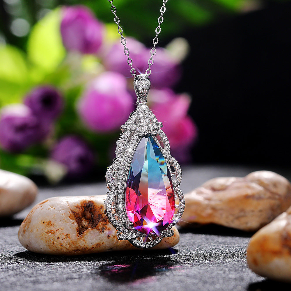 Fashion women's big water drop colorful treasure pendant, copper-plated platinum super flash zircon necklace X6896