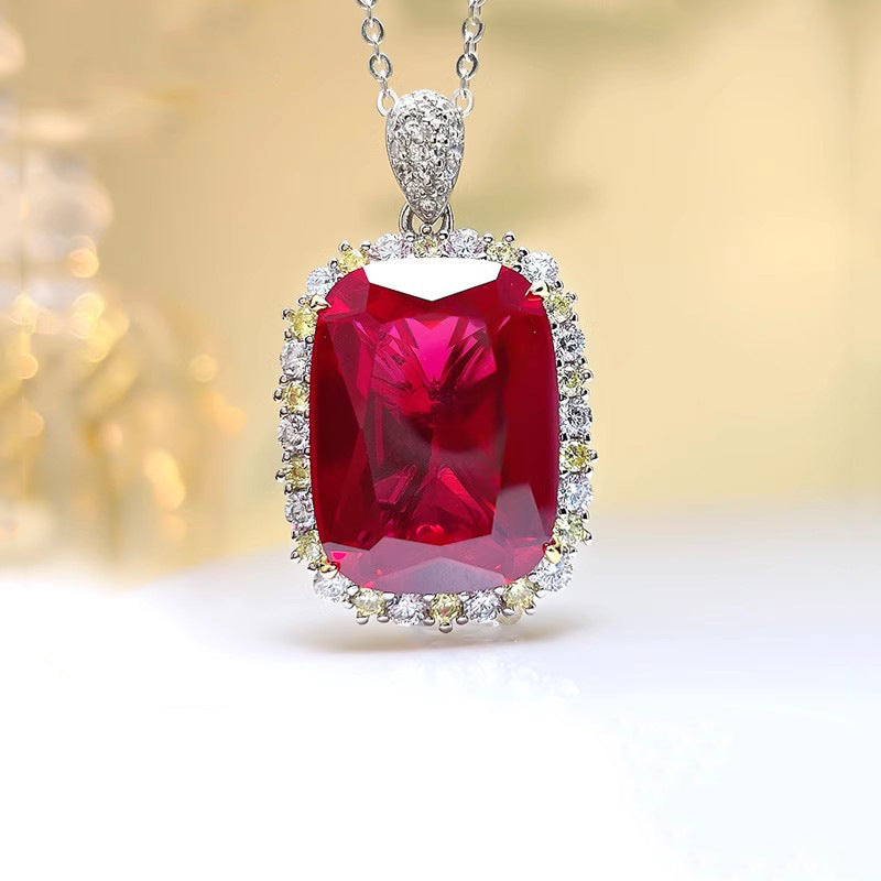 Luxury temperament pigeon blood ruby necklace pendant women's European and American colored treasure set red corundum ring red diamond stud earrings women