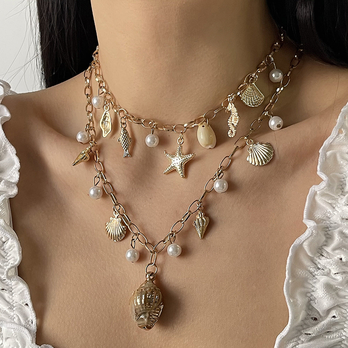 N12517 European and American cross-border ocean wind pearl fringed necklace beach starfish shell pendant necklace