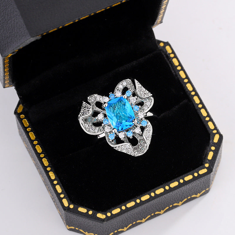 Internet celebrity live broadcast hot sale new simulation sea blue topaz open ring women, luxury flowers full of diamond rings