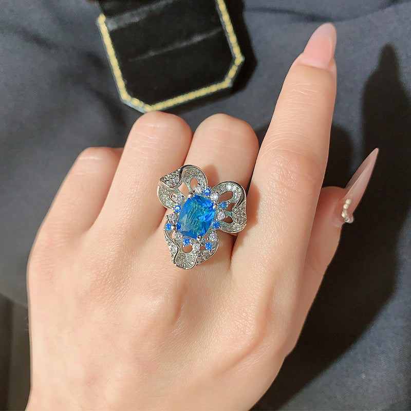Internet celebrity live broadcast hot sale new simulation sea blue topaz open ring women, luxury flowers full of diamond rings