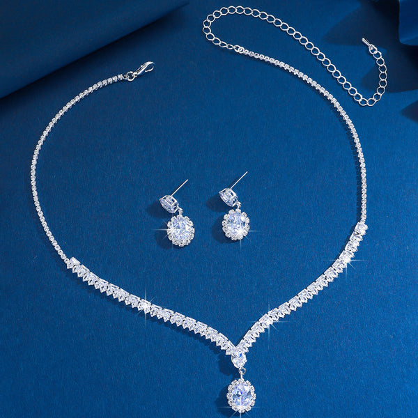 Zircon necklace earrings two-piece set, European and American exaggerated light luxury temperament collarbone chain, high-end sense necklace jewelry women's jewelry manufacturer
