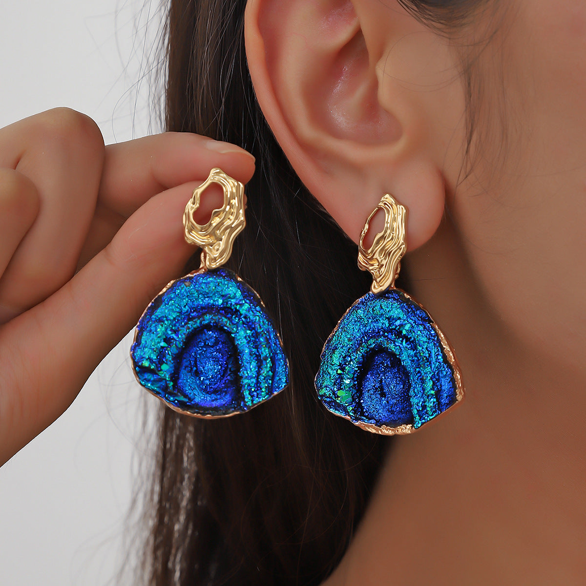 Silver needle blue fan-shaped medieval earrings design retro stud earrings personalized niche high-end earrings women