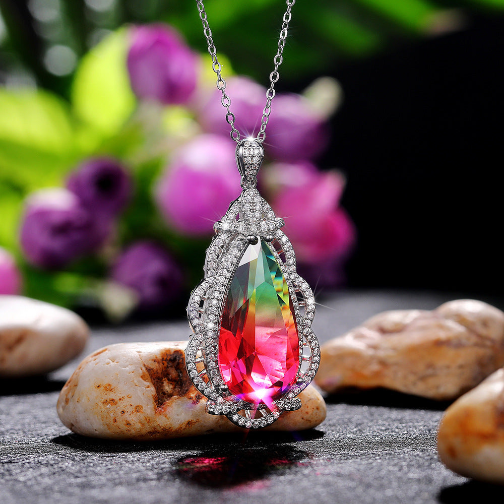 Fashion women's big water drop colorful treasure pendant, copper-plated platinum super flash zircon necklace X6896