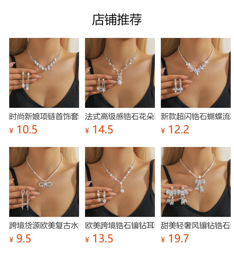 Zircon necklace earrings two-piece set, European and American exaggerated light luxury temperament collarbone chain, high-end sense necklace jewelry women's jewelry manufacturer