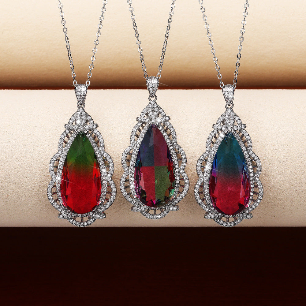 Fashion women's big water drop colorful treasure pendant, copper-plated platinum super flash zircon necklace X6896