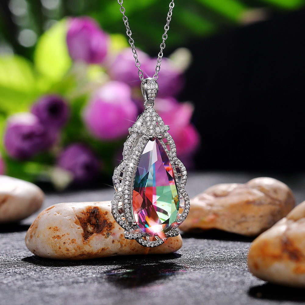 Fashion women's big water drop colorful treasure pendant, copper-plated platinum super flash zircon necklace X6896