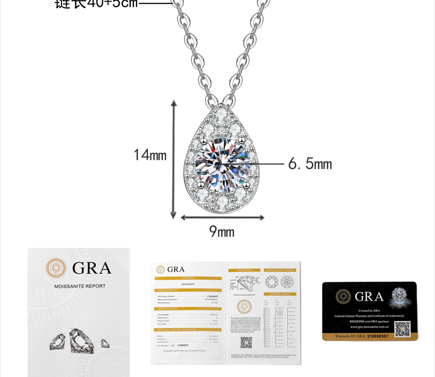 Cross-border hot-selling Mo 1ct moissanite pendant 925 sterling silver necklace temperament simple Korean version water drop collarbone chain wholesale