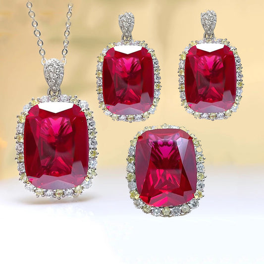 Luxury temperament pigeon blood ruby necklace pendant women's European and American colored treasure set red corundum ring red diamond stud earrings women