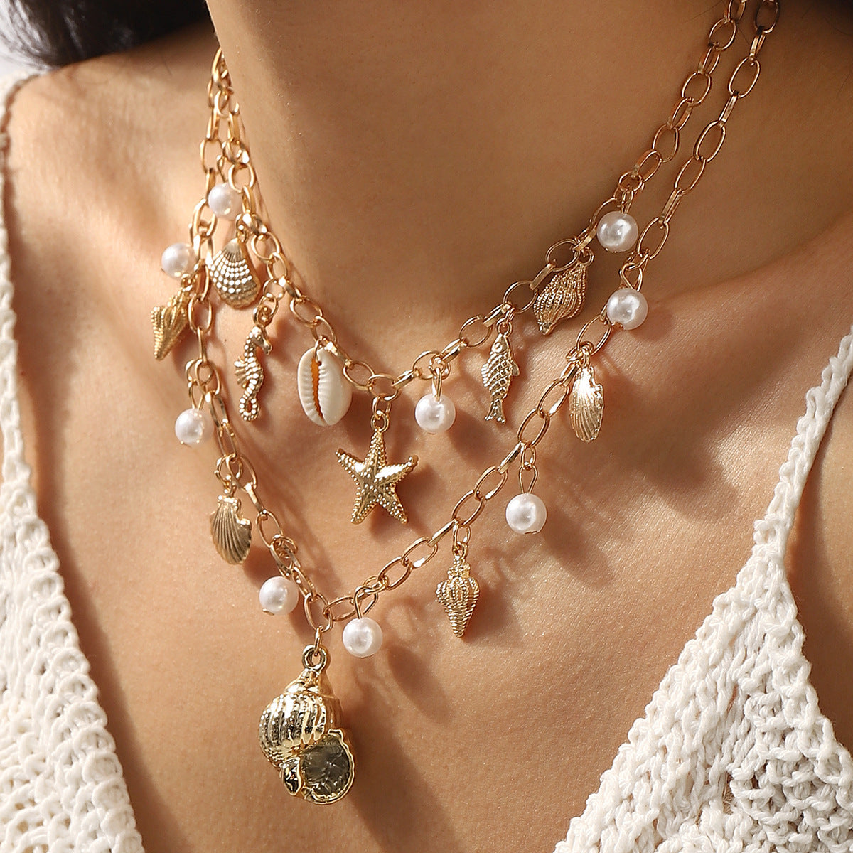 N12517 European and American cross-border ocean wind pearl fringed necklace beach starfish shell pendant necklace