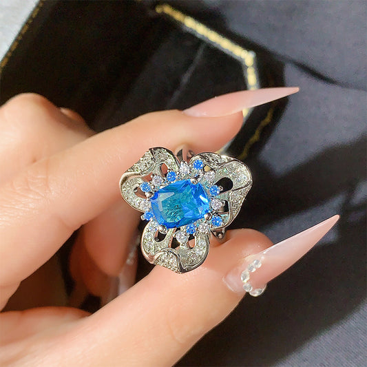 Internet celebrity live broadcast hot sale new simulation sea blue topaz open ring women, luxury flowers full of diamond rings