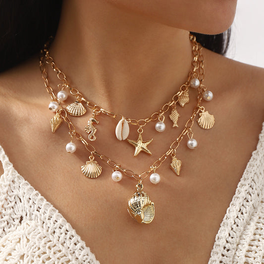 N12517 European and American cross-border ocean wind pearl fringed necklace beach starfish shell pendant necklace