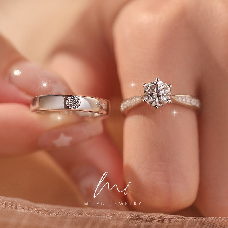 Genuine moissanite ring couple ring sterling silver pair of diamond rings wedding simulation engagement proposal wife gift