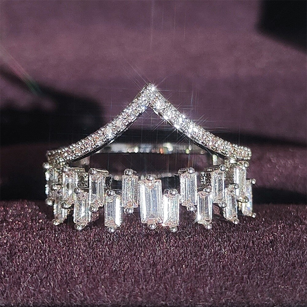 Korean version of women's crown ring, exquisite double-layer zircon micro-inlaid women's ring, curved V index finger ring for women r6416