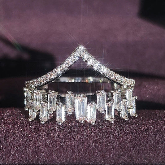 Korean version of women's crown ring, exquisite double-layer zircon micro-inlaid women's ring, curved V index finger ring for women r6416